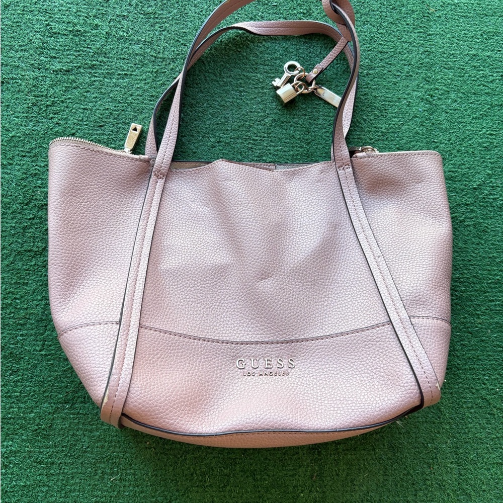 Guess Pebbled Leather Handbag in Taupe